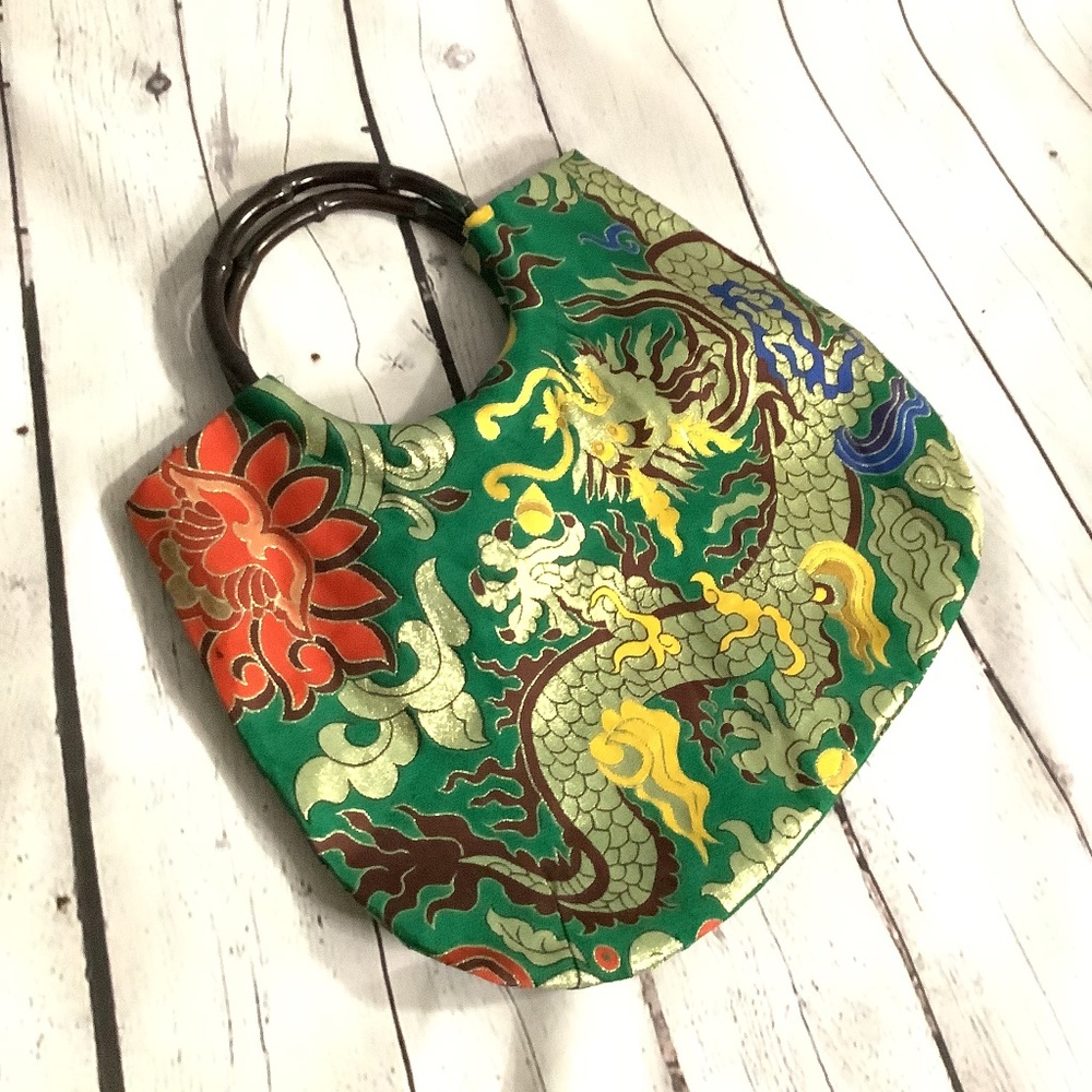 Green Dragon Fabric Satchel Purse with Bamboo Handle